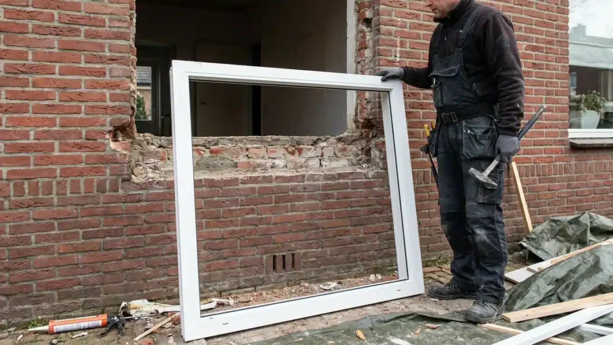 Vakman vervangt kunststof kozijn in bakstenen gevel van Nederlandse woning
