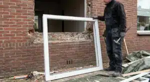Vakman vervangt kunststof kozijn in bakstenen gevel van Nederlandse woning