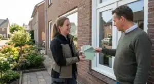Huiseigenaar met subsidiedocumenten voor nieuw geplaatste kunststof kozijnen met isolerend glas