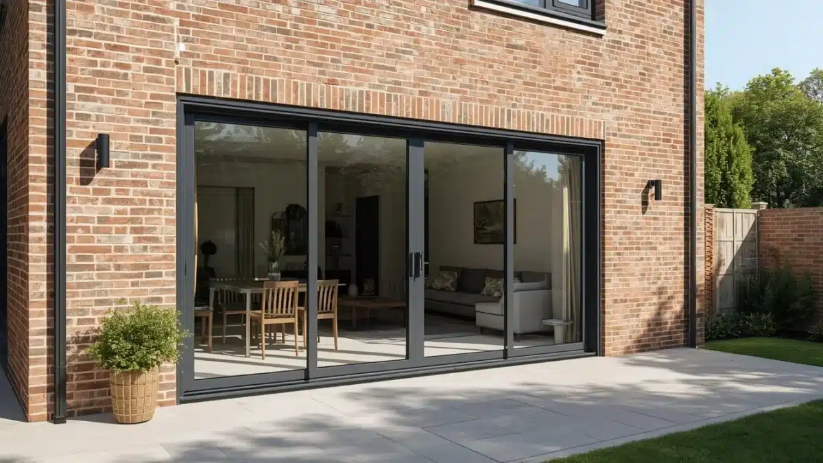 Grote hefschuifpui in aluminium die woonkamer verbindt met terras en tuin