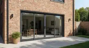 Grote hefschuifpui in aluminium die woonkamer verbindt met terras en tuin