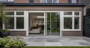 Moderne woning met witte kunststof schuifpuien en raamkozijnen die de woonkamer met terras verbinden.