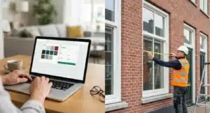 # Alt-tekst voor blog-afbeelding **Split-screen vergelijking: links laptop met online kozijn-configurator en kleurkeuzes,