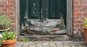 Verouderde houten voordeur met afbladderende groene verf, vochtschade en roestvorming aan de onderkant.