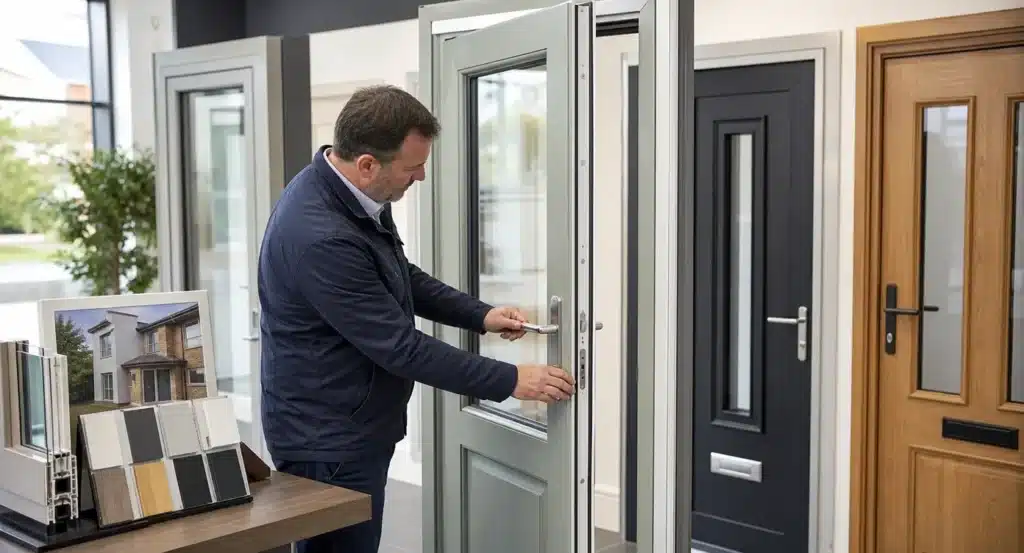 Man opent een grijze kunststof deur in een showroom met verschillende deurmodellen en kleurstalen op een tafel