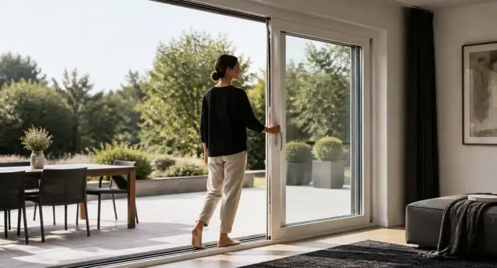 Vrouw opent grote schuifpui naar terras met tuintafel en stoelen.