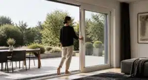 Vrouw opent grote schuifpui naar terras met tuintafel en stoelen.